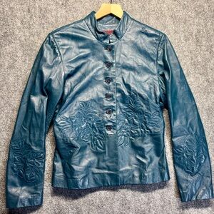 Teal Leather Jacket with Floral Embroidery